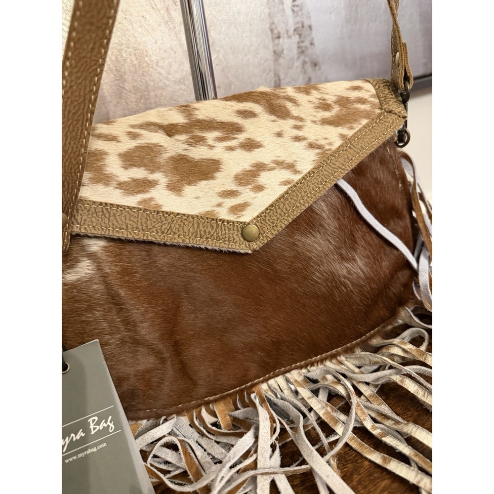 Myra Leather Cowhide Crossbody Bag with Fringe Boho Western Style - Picture 3 of 5